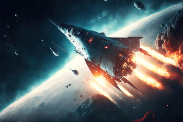 Fototapeta na wymiar Space Shooter - Takeoff - A sleek silver spacecraft rises from a distant launchpad, leaving behind a fiery trail of exhaust as it accelerates into the sky - Generative AI