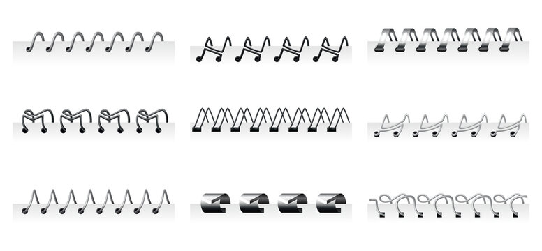 Notebook spirals, wire steel ring bindings and springs for diary. Spiral binder or ringed for paper calendar. Page dividers or metal stitch