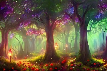 Illustration of a fairytale forest. Mysterious fantasy charm place - obrazy, fototapety, plakaty