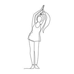 Single line drawing of a girl standing in a yoga pose. Doodle illustration of relaxing workout.