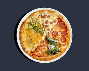 Four different pizzas in one top view closeup isolated on blue background