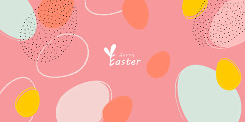 Happy Easter banner. Trendy Easter design with typography, hand drawn strokes and dots, eggs, pastel colors. Modern minimalistic style. Horizontal poster, postcard, header for website