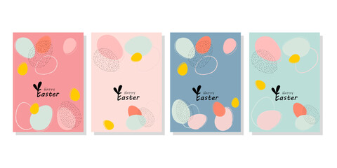 Vector hand drawn Easter posters. Easter posters in pastel colors Trendy Easter design with typography, hand drawn strokes and dots, eggs, pastel colors. Modern minimalistic style. Happy easter.