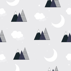 Vector hand drawn modern pattern with mountains, clouds, moon and stars in doodle style. Children's wallpaper with mountains in scandinavian style. For gift paper, packaging, textiles, clothing.