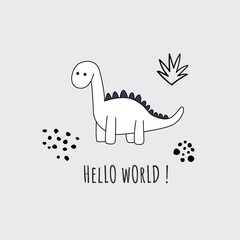 Vector hand drawn poster with dino in doodle style. Cute dinosaur, kurtas and dots with Hello world inscription.