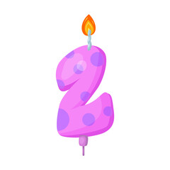Candle with number for birthday cake vector illustration. Cartoon drawings of candles with number two. Celebration, decoration concept