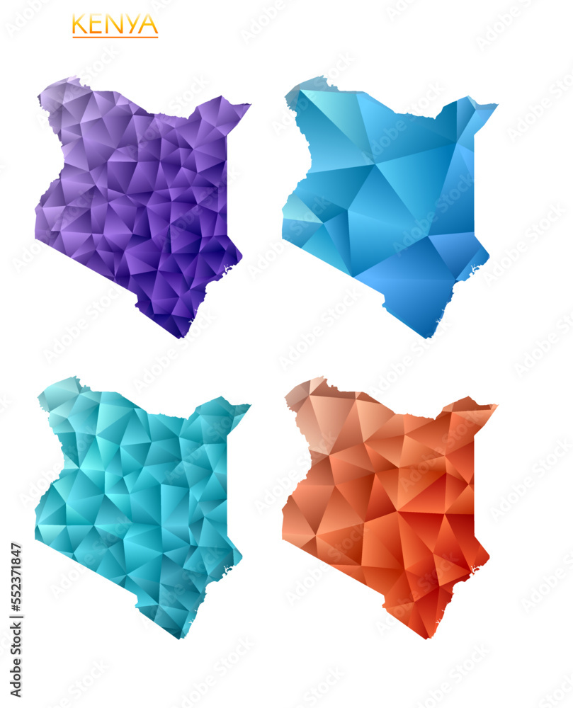 Poster set of vector polygonal maps of kenya. bright gradient map of the country in a low poly style. multi