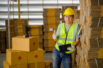 Asian male worker working inside a retail warehouse full of shelves with goods and cardboard boxes....