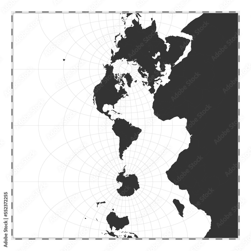 Poster vector world map in transverse mercator projection, centered at 60 degrees east longitude. features 