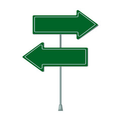 Blank road sign on metal pole vector illustration. Green arrow boards isolated on white background. Traffic, direction or destination concept