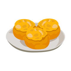 Chinese dishes. Vector illustration of traditional food in China. Cartoon shrimp dumplings, wonton, fried spring rolls and pork bun isolated on white. Chinese meals menu concept