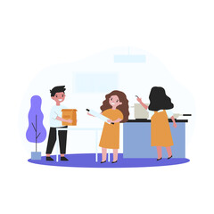 Cartoon children cooking together in kitchen. Flat vector illustration. Little kids baking, making meal or dinner without adults. Cooking, hobby, dinner, food, family concept