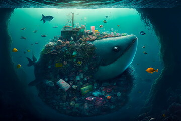 Fototapeta premium Fish and plastic pollution.Plastic water bottles pollution in ocean . Ocean environmental problem.