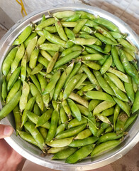 top view of hand holding bowl of green peas