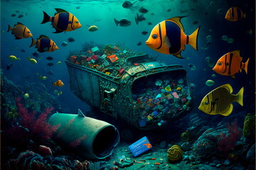 Obraz na płótnie Canvas Fish and plastic pollution.Plastic water bottles pollution in ocean . Ocean environmental problem.