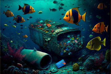 Fototapeta na wymiar Fish and plastic pollution.Plastic water bottles pollution in ocean . Ocean environmental problem.