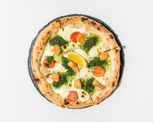 Homemade italian pizza with salmon and pesto top view close-up isolated on white background