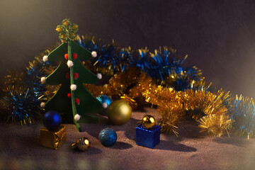 yellow blue toys new year flag patriot on a tree branch beautiful creative decoration. Ukraine.