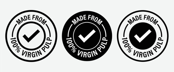 'made from 100% virgin pulp vector icon set with tick mark', black in color