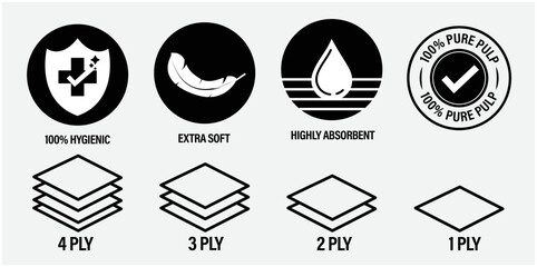 vector icon set; 100% hygienic, extra soft, highly absorbent, 100% pure pulp, 1, 2, 3 and 4 ply etc.