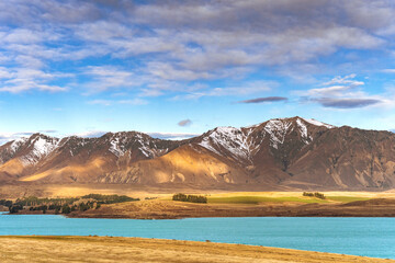 Beautiful view along the Godley Peaks Road to the Adrians Place, Canterbury, New Zealand, South Island. Stunning Southern Alps can be seen along the scenic route.