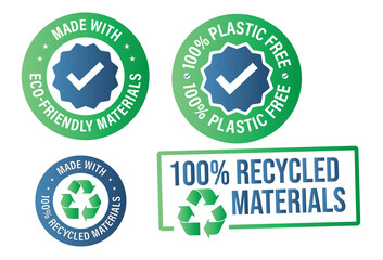 Recycled materials abstract,  vector icon set :100% plastic free, made with 100% recycled materials, Green in color