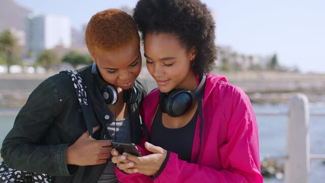 Friends, selfie and phone for beach travel happiness, summer vacation or holiday in Cape Town. Black women, happy content creator and smartphone photography for gen z influencer blog or social media