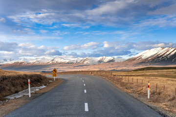 Beautiful view along the Godley Peaks Road to the Adrians Place, Canterbury, New Zealand, South Island. Stunning Southern Alps can be seen along the scenic route.