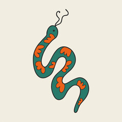 Vector psychedelic illustration of a snake. Retro clockwork graphic element. Cartoon mystical sticker. Bright boho print.