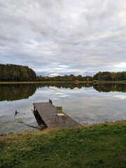 picturesque lake view with small bridge and reflections