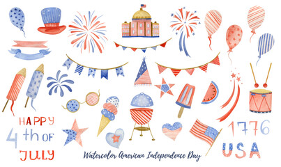 Watercolor usa independence fourth july day flag colors big set of illustrations. High resolution image isolated on a white background for promo designs and craft decorations