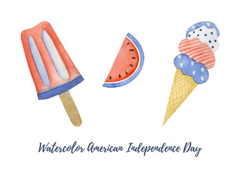 Watercolor usa independence fourth july day flag colors ice cream illustration. High resolution image isolated on a white background for promo designs and craft decorations