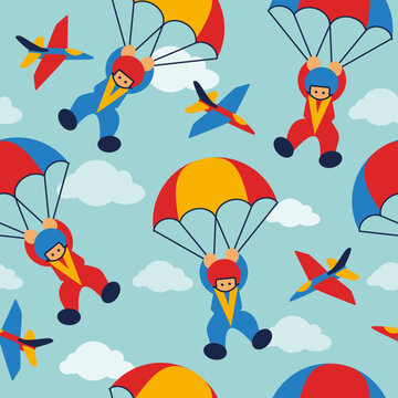 Colorful seamless pattern with parachutist, parachute, plane at sky in flat style. Sport endless texture for fabric, baby clothes, background, textile, wrapping paper. Vector illustration.