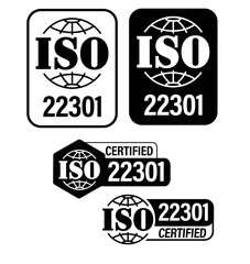 Business continuity management systems certified. ISO22301 vector icon set, black in color
