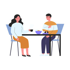 Happy couple having breakfast together. Boyfriend and girlfriend chatting at table in kitchen flat vector illustration. Romance, relationship concept for banner, website design