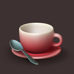 3D realistic ceramic cup with saucer and spoon on brown background. Empty red porcelain cup for tea, coffee or other hot drink. Mockup of mug on plat for restaurant and cofe. Vector illustration.