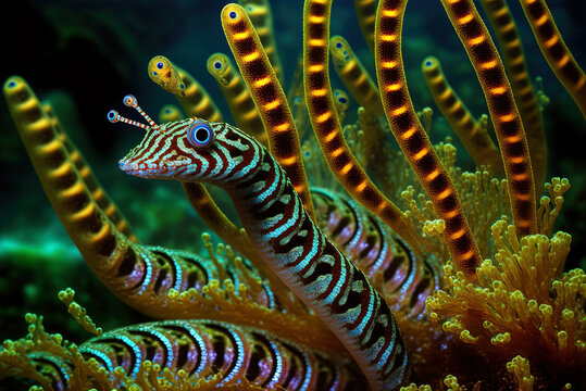 Beautiful banded pipefish on the seafloor and coral reefs Generative AI