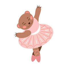 Animal cartoon character as ballerina vector illustration. Little comic Bear in dress or tutus dancing and bowing, Scandinavian or Nordic style. Ballet concept