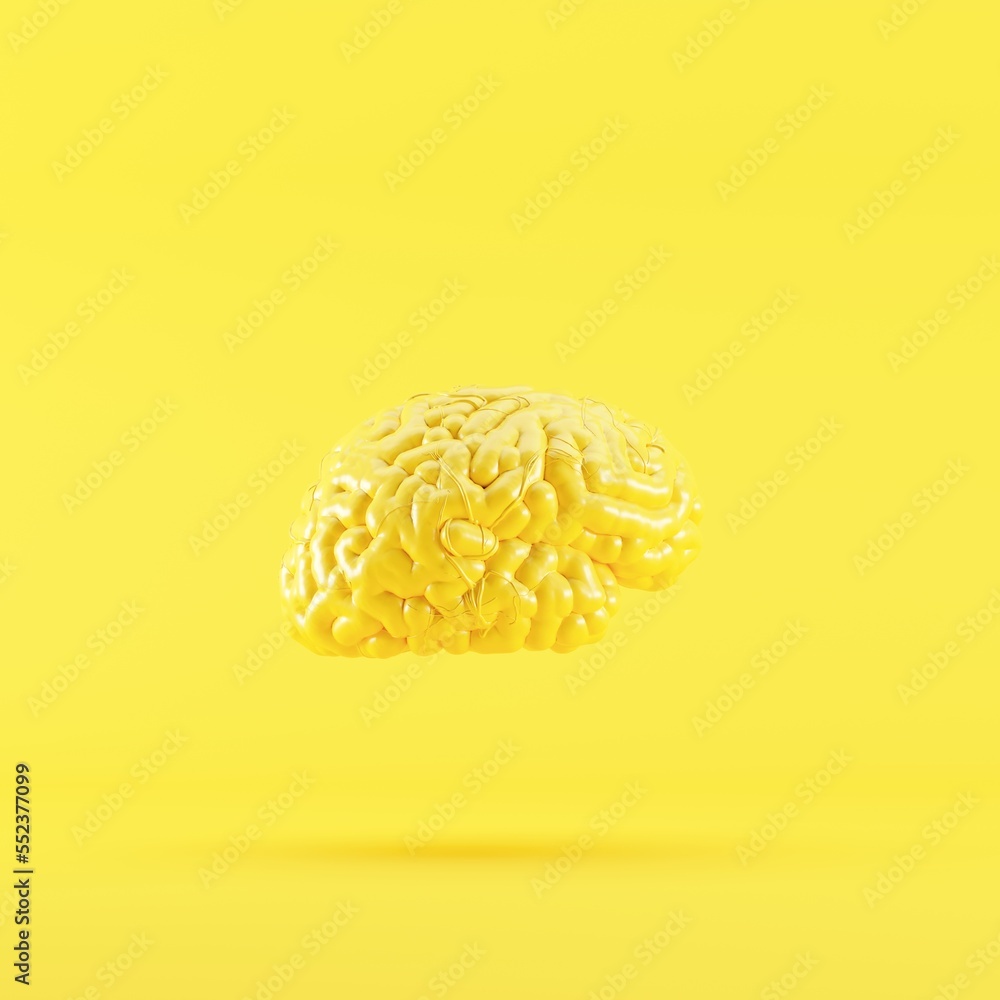 Poster Yellow color brain Floating on Yellow background. 3D Render. 
