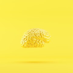 Yellow color brain Floating on Yellow background. 3D Render. 
