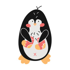 Cute penguin holds warm knitted socks, cartoon character vector illustration. Funny comic bird isolated on white background. Winter activities concept