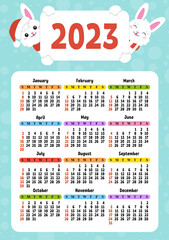 Color calendar for 2023 with a cute character rabbit. Week starts on Sunday. Fun and bright design. cartoon style. Vector illustration.