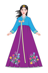 Cute Korean lady or teen costume in traditional dress called Hanbok or Korean clothing drawing in cartoon vector