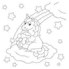 The unicorn sits on a cloud with a gift. Coloring book page for kids. Cartoon style character. Vector illustration isolated on white background.