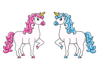 Cute unicorn. Magic fairy horse. Colorful vector illustration. Cartoon style. Isolated on white background. Design element. Template for your design, books, stickers, cards, posters, clothes.