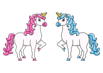 Cute unicorn. Magic fairy horse. Colorful vector illustration. Cartoon style. Isolated on white background. Design element. Template for your design, books, stickers, cards, posters, clothes.