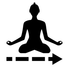 guided meditation pictogram, human sulhouette, lotis pose, dashed line with arrow 