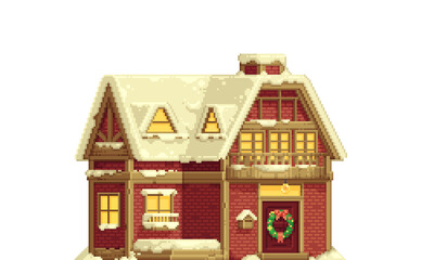 Pixel brick house with Christmas decorations.