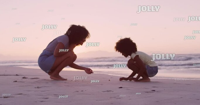 Animation of christmas greetings text over biracial woman with daughter on beach