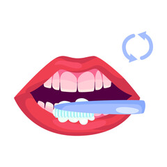 Brushing teeth cartoon illustration. Poster with step by step scheme of proper oral cleaning with toothpaste on toothbrush and glass of water. Health care